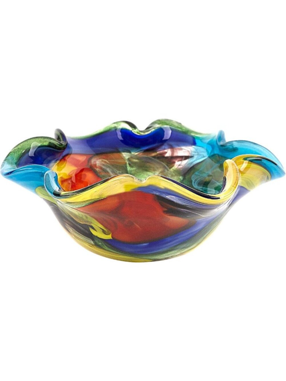 Murano-Style 8” Mouth-Blown Art Glass Bowl - Colorful Rainbow Centerpiece Decor